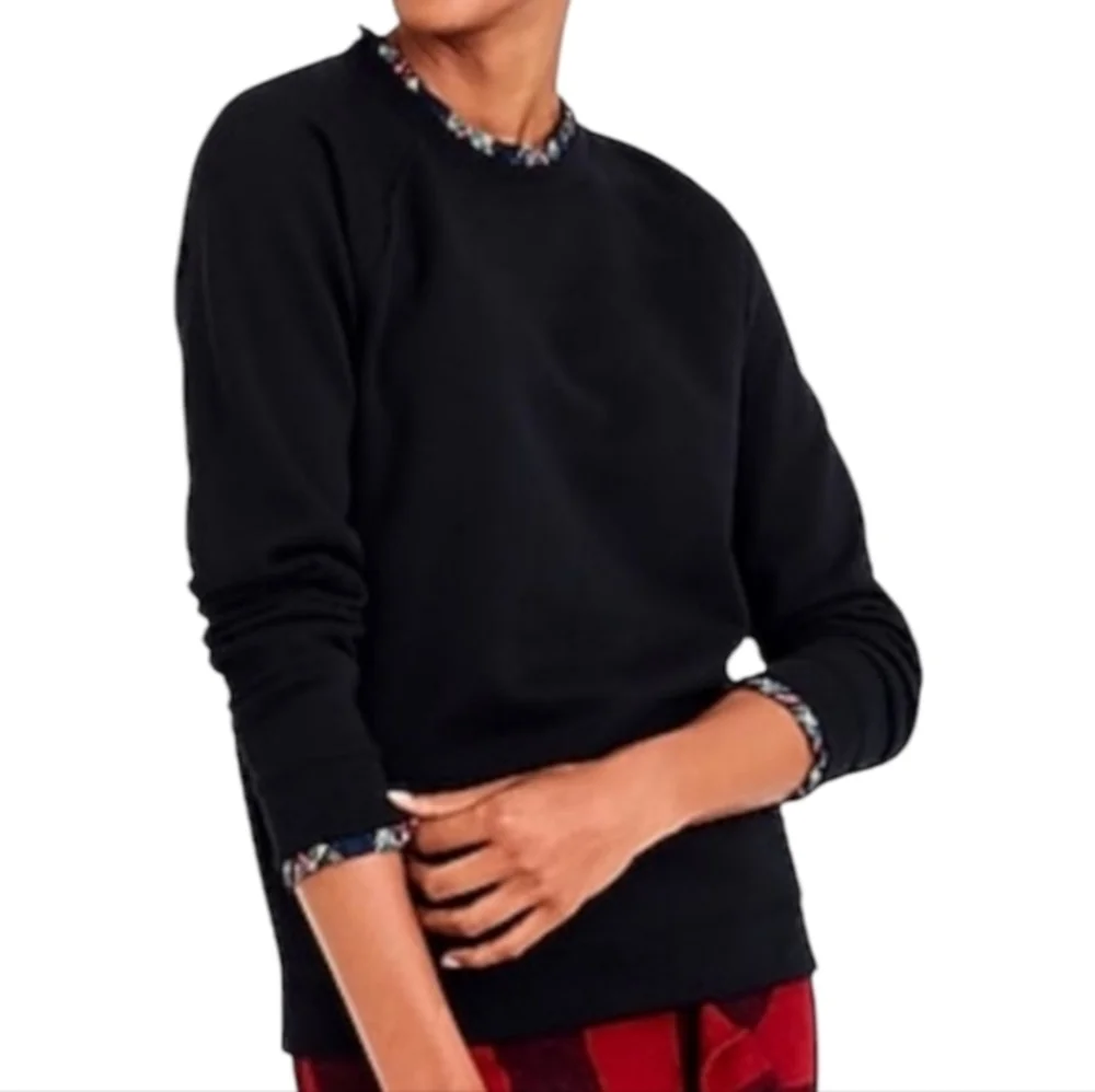 J. Crew Tartan Plaid Ruffle‎ Trim Black Sweater Size XL